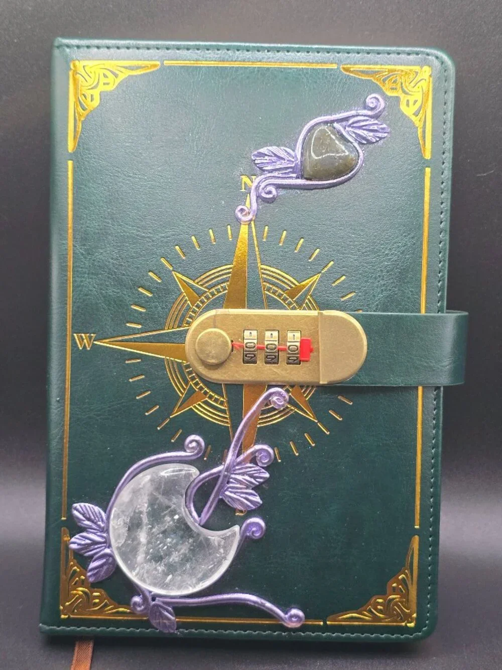 Locking Spell Book Journal | Clear Quartz Crescent Moon & Labradorite Diary